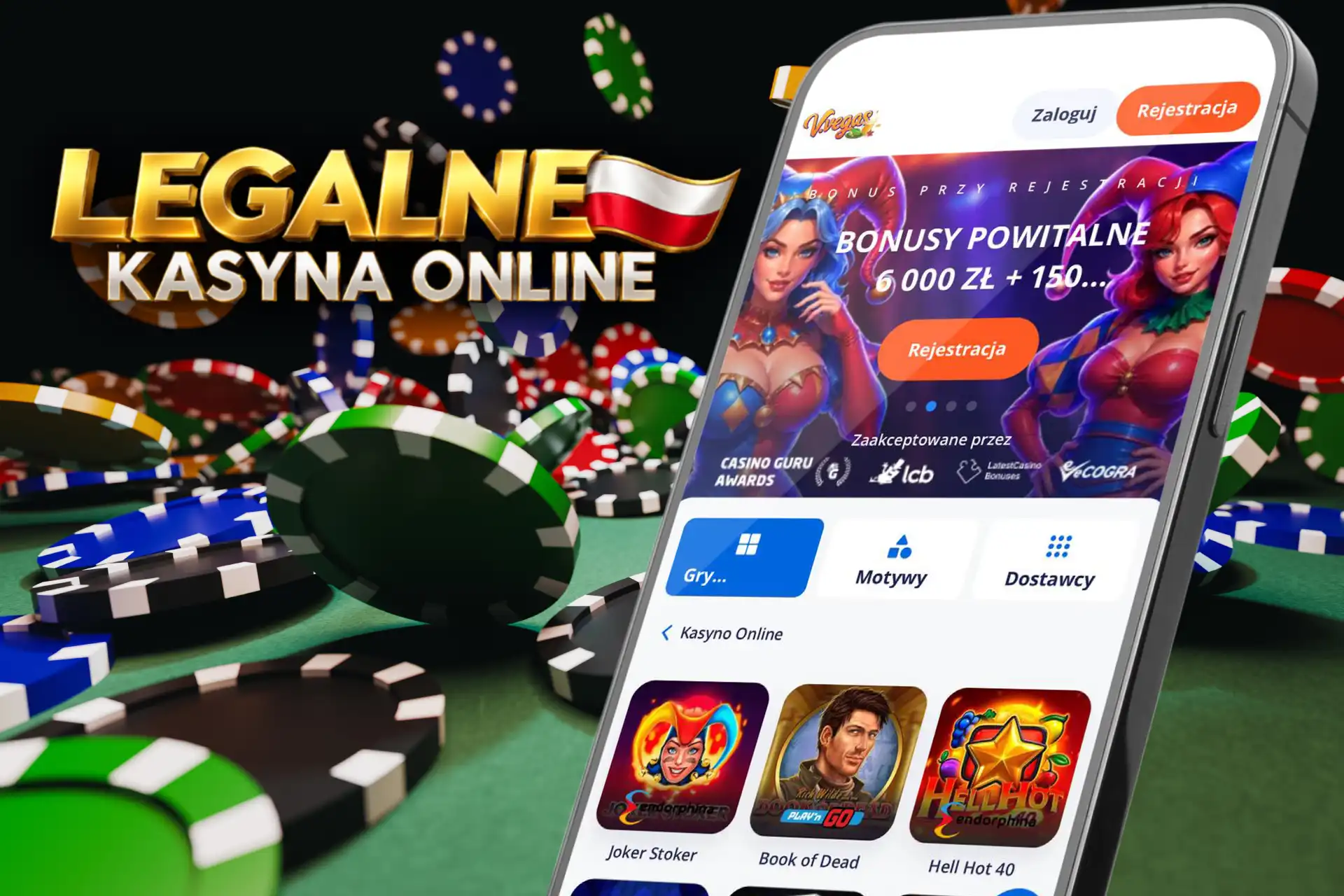 Pakiet bonusów w Vulkan Vegas na stronie Legalne kasyna online, ukazany na ekranie telefonu pośród rozrzuconych żetonów do gry.